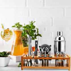 23 PCS Stainless Cocktail Shaker with Bamboo Stand